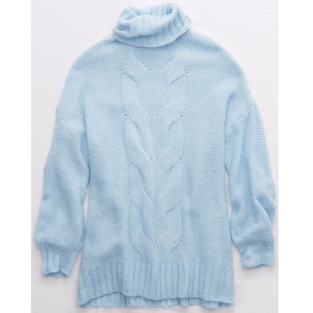 🆕 Aerie Oversized Happy Place Turtleneck Chunky Knit Sweater Blue XXL